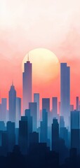 Fototapeta premium Stunning cityscape at sunrise with towering skyscrapers, vibrant colors, and a serene atmosphere creating a captivating urban scenery.