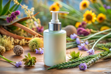 bottle for natural cosmetic cream with a dispenser on a beautiful natural background, dried flowers, aloe