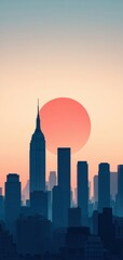 Obraz premium Stunning sunset over a cityscape with skyscrapers silhouetted against a colorful sky, creating a serene urban skyline view.