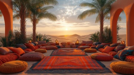 A desert oasis-themed birthday party with sand-colored tones, palm trees, and vibrant textiles, space for text on background