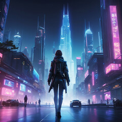 Futuristic City Skyline: Neon-Illuminated Chrome Art