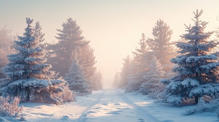 Fototapeta premium winter background - snow-covered Christmas tree. Christmas trees in the snow, minimalistic winter background, winter landscape. copy space