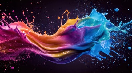 Paint explosion, dynamic splatter, vibrant hues, dark backdrop