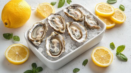 Juicy fresh oysters on the half shell, served with a squeeze of lemon, cold and refreshing, top view