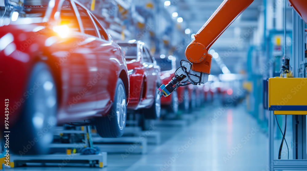 Poster an advanced industrial production line where robots are assembling cars in a fully automated factory