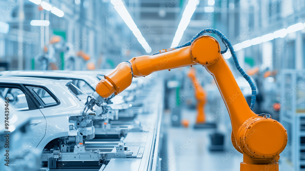 Poster an advanced industrial production line where robots are assembling cars in a fully automated factory