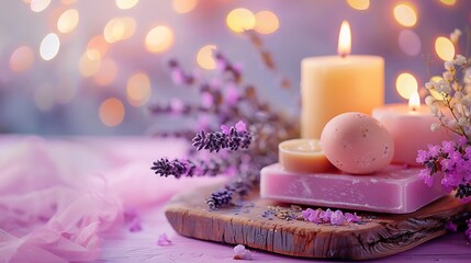 Lavender on a wooden board with soaps and candle Easter egg on pink and purple background