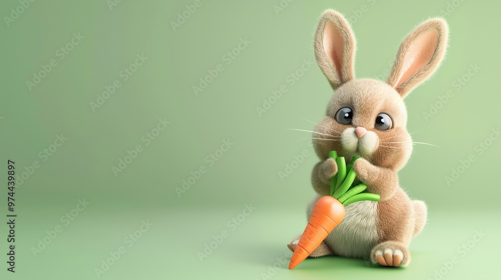 Canvas Prints A cute cartoon bunny holds a carrot in front of a green background.