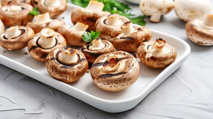 Grilled premium mushrooms, exquisite garnishing, flat design illustration