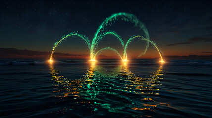 Symmetrical glowing waves spiraling out into the distance.
