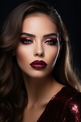 Fototapeta premium Fashion woman with makeup with burgundy lips and glitter eyeshadow close-up. Beauty girl with glossy dark red lipstick. Luxury evening make-up. Metallic glow style