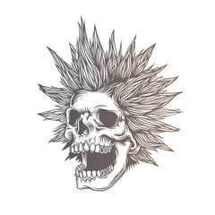 A skull with an open mouth and a punk rock hairstyle. T-shirt design, stickers, print.