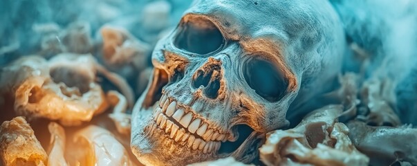 Close-up of a Decaying Zombie Skull with Cracks and Eerie Lighting, Halloween Decoration, Horror Movie Prop, Spooky Mask