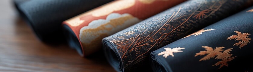 Beautiful rolls of traditional Japanese fabric with intricate patterns and vibrant colors, perfect for crafts, fashion, or home decor.
