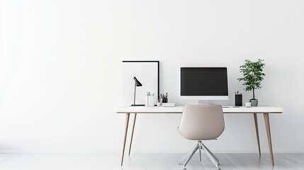 A clean, modern office featuring a large desk with a sleek computer setup, a plush chair, and minimalist decor.