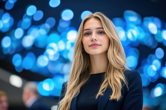 Confident Businesswoman Presenting Innovative Marketing-Driven Customer Experience Solutions at a Modern Business Event - Powered by Adobe