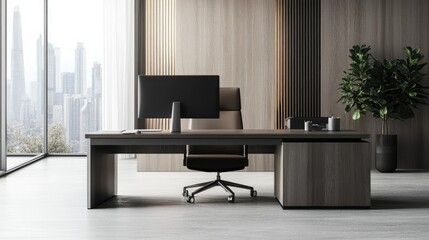Fototapeta premium A clean, modern office featuring a large desk with a sleek computer setup, a plush chair, and minimalist decor.