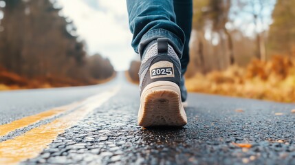 Close-up of a person walking on an empty road with '2025' on their shoe, symbolizing progress, journey, and future goals.