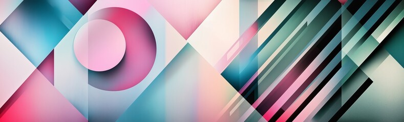 Obraz premium A vibrant abstract banner featuring geometric shapes like triangles and circles, with overlapping elements and contrasting colors