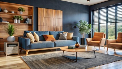 Blue armchair and beige sofa in japandi, minimalist interior design of modern living room.

