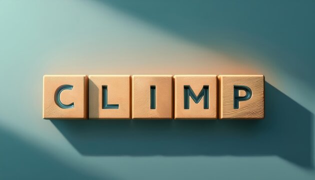 Creative wooden blocks spelling the word 'CLIMP' on a light background with soft shadows, perfect for educational or branding use.