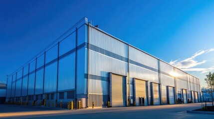 Obraz premium Large warehouse building with shiny modern metal roofing under a clear sky, representing industrial efficiency and durability