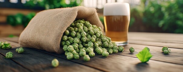 Fresh Hops and Brewing Ingredients on a Rustic Wooden Table, Craft Beer Tasting in Progress, A Visual Delight for Beer Enthusiasts