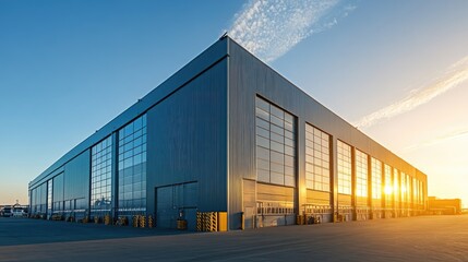 Large warehouse building with shiny modern metal roofing under a clear sky, representing industrial efficiency and durability