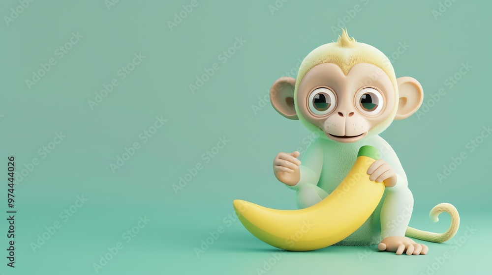 Sticker A 3D cartoon monkey is sitting with a banana.