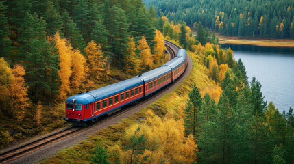 A scenic aerial view of train winding through vibrant autumn landscape of northern Sweden, surrounded by colorful trees and serene lake. beauty of nature is truly captivating