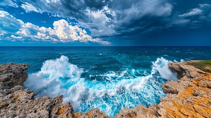 Rocky coastline with waves crashing against the cliffs dramatic thunderstorm clouds overhead...