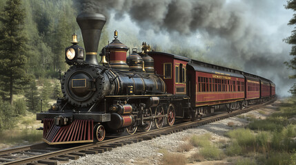 Naklejka premium A vintage steam locomotive travels through scenic landscape, billowing smoke as it moves along tracks. intricate design and rich colors evoke sense of nostalgia and adventure