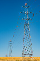 High-voltage power transmission line. Supports for power transmission lines. Massive power lines stretching into the distance.Vertical photo 