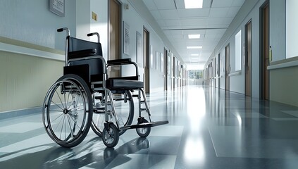 A wheelchair in a hospital corridor.