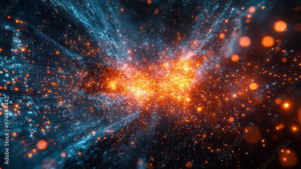 Poster digital breakthrough: surreal 404 error shattering holographic wall with virtual particles dissolvin