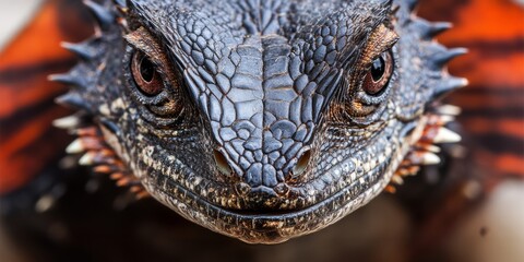 Obraz premium Ultra-close macro shot of a frilled lizard’s head showcasing its detailed scales and textures in dramatic lighting