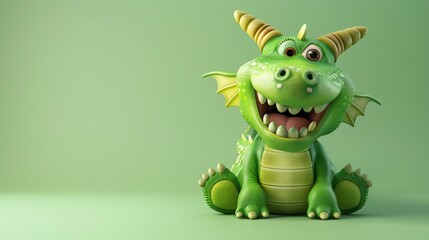 A cartoon green dragon with horns and wings smiles while sitting on a green background.