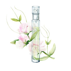 A perfume bottle and a flower. Watercolor Clip Art on a white background. The illustration is hand drawn in pastel colors. Suitable for card designs, textiles and scrapbooking.