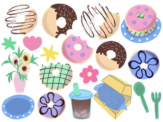 Chocolate glazed sprinkle donuts colorful elements isolated.