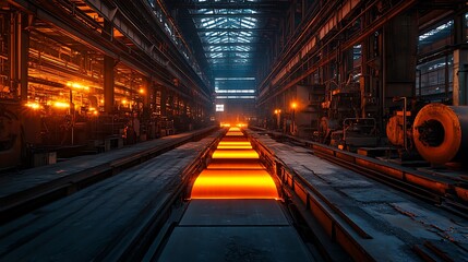 Obraz premium A fully automated steel rolling process in a brightly lit, technologically advanced plant, with minimal human intervention for enhanced safety
