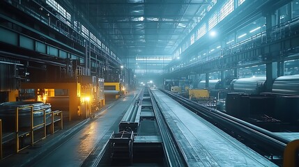 Obraz premium A fully automated steel rolling process in a brightly lit, technologically advanced plant, with minimal human intervention for enhanced safety