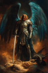 Saint Michael the Archangel, clad in armor, sword in hand, triumphantly standing over a vanquished dragon. Symbolizing divine protection, spiritual warfare, and victory over evil