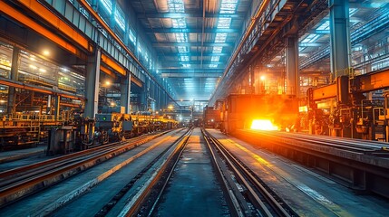 A modern steel manufacturing plant with large furnaces and bright machinery, showing the use of advanced technology under natural daylight