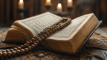 Open Quran with Prayer Beads (Tasbih) Draped Over the Pages
