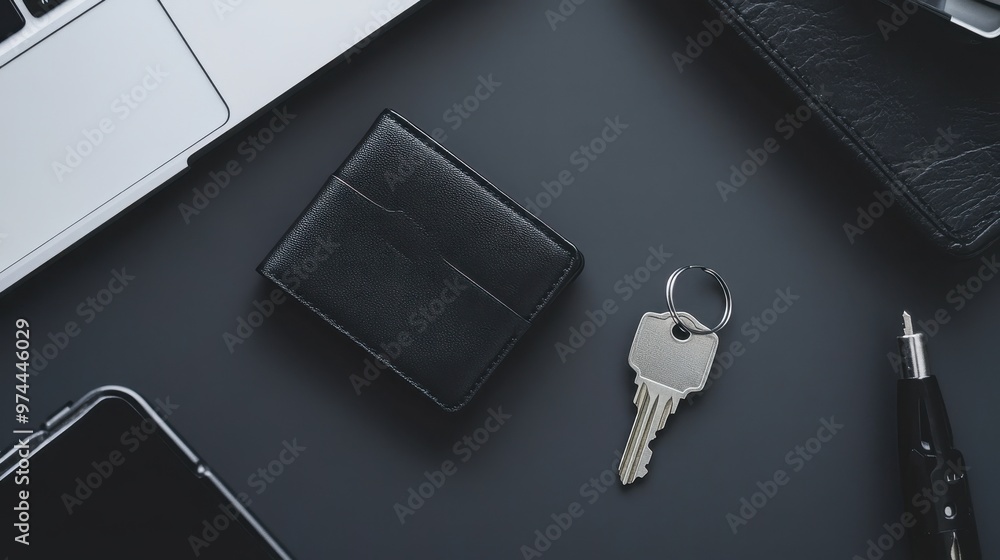 Poster minimalist desk with wallet and keys