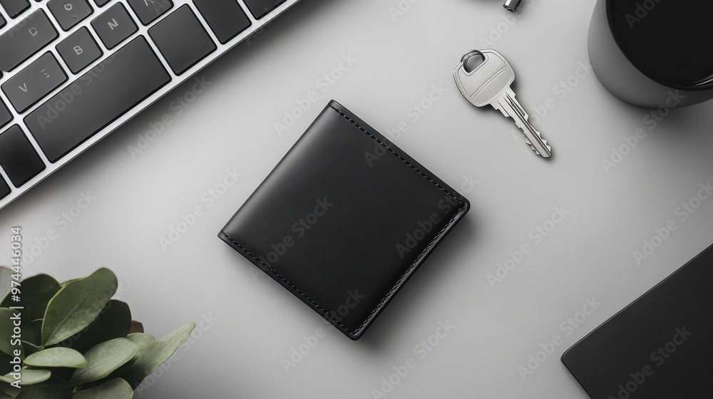 Poster minimalist desk with wallet and keys