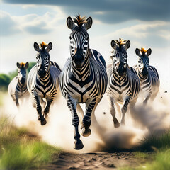 Naklejka premium Herd of Zebras, hoofed wild animal running featuring wildlife and wild nature photography 
