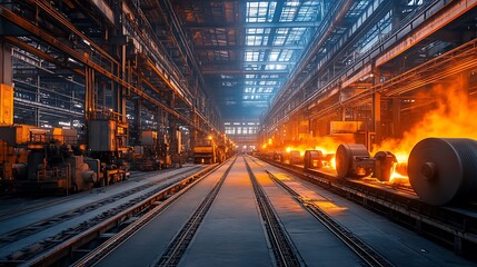 Obraz premium Overview of a clean, high-tech steel plant with well-maintained equipment and machinery, emphasizing daylight and precision engineering