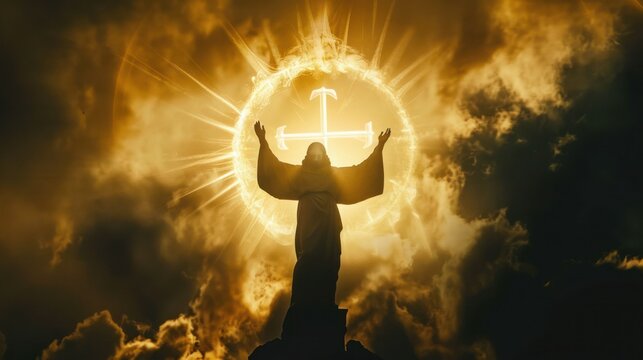 Visualize Jesus symbolizing the beginning and end with the alpha omega symbol. Concept Religious Symbolism, Christianity, Alpha Omega Symbol, Jesus, Beginning and End