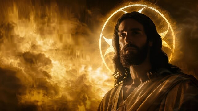 Visualize Jesus symbolizing the beginning and end with the alpha omega symbol. Concept Religious Symbolism, Christianity, Alpha Omega Symbol, Jesus, Beginning and End